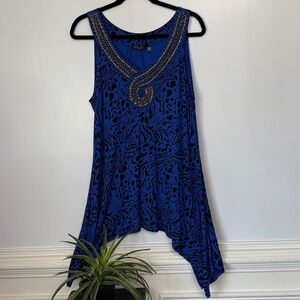 Fylo Royal Blue Black Beaded Neck Sleeveless Shark Bite Tunic Blouse XL